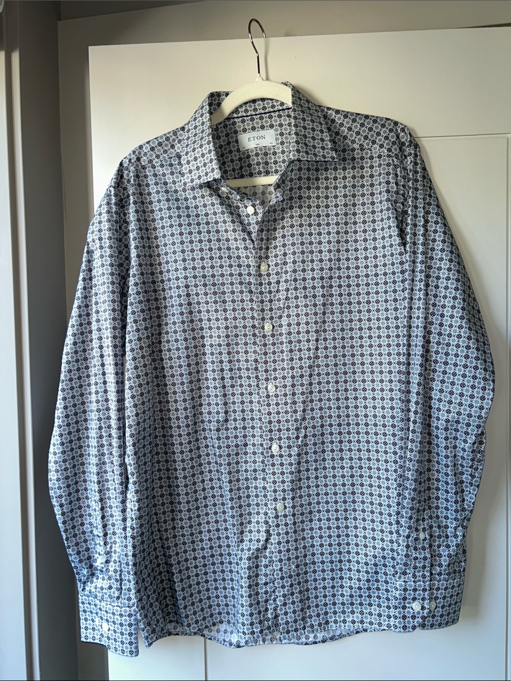 Eton Men's Slim Fit Navy, Brown and White Geometric Print Dress Shirt